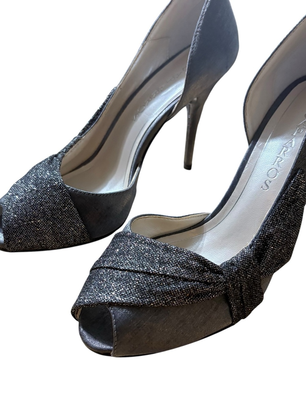 Caparros Chic Silver Peep-Toe Heels with Knotted Glitter Accent sz 8